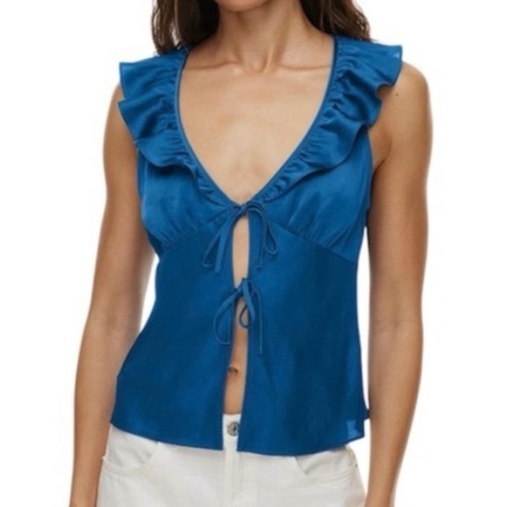 Wilfred Aritzia Royal Blue‎ Satin Ruffle Tie Front Blouse Top 2XS 105566